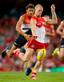 AFL 2017 Round 05 - Sydney v GWS Giants SYDNEY, AUSTRALIA - APRIL 22: Zak Jones of the Swans in action during the 2017 AFL round 05 match between the Sydney Swans and the GWS Giants at the Sydney Cricket Ground on April 22, 2017 in Sydney, Australia. (Photo by Michael Willson/AFL Media)